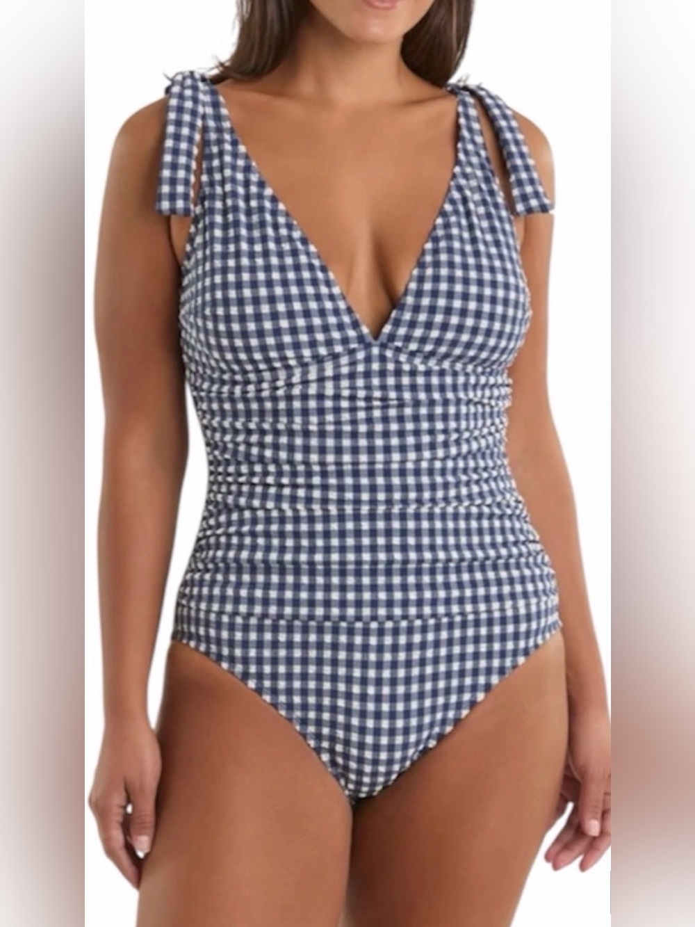 Ellen Tracy Navy and White Gingham One-Piece Swimsuit with Tie Shoulders